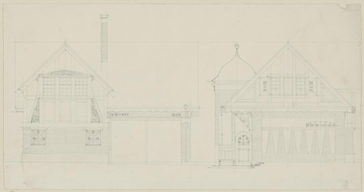 Darmstadt, Projekt Stallgebäude für Julius Glückert, zweite Version, Aufrisse der West und Nordfassade