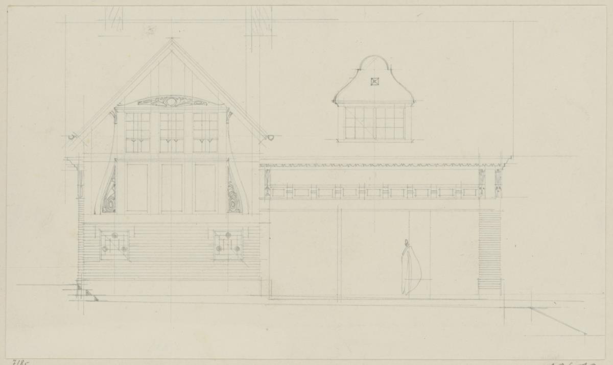 Darmstadt, Projekt Stallgebäude für Julius Glückert, dritte Version, Aufriss der Westfassade