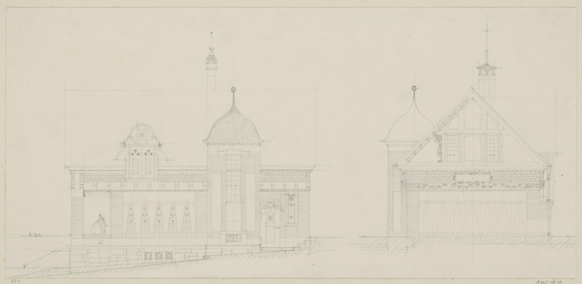 Darmstadt, Projekt Stallgebäude für Julius Glückert, dritte Version, Aufrisse der Ost- und Nordfassade