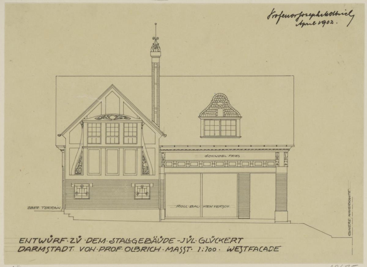 Darmstadt, Projekt Stallgebäude für Julius Glückert, dritte Version, Aufriss der Westfassade