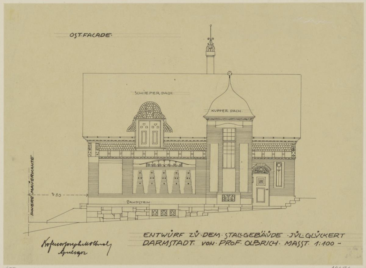 Darmstadt, Projekt Stallgebäude für Julius Glückert, dritte Version, Aufriss der Ostfassade