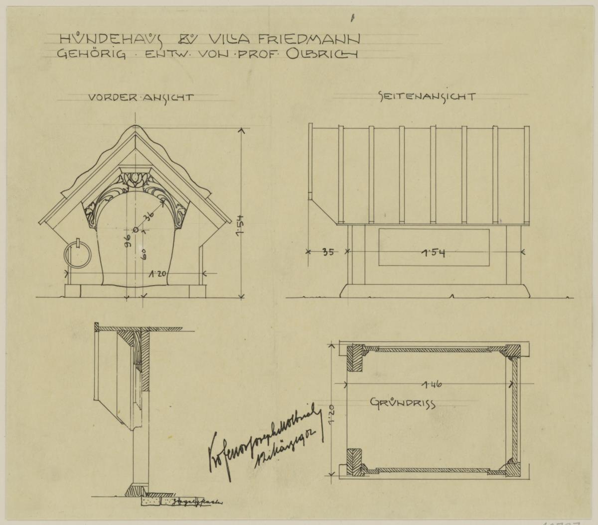 Hinterbrühl, Hundehütte für Villa Friedmann, Vorderansicht, Seitenansicht, Grundriss und Schnitt