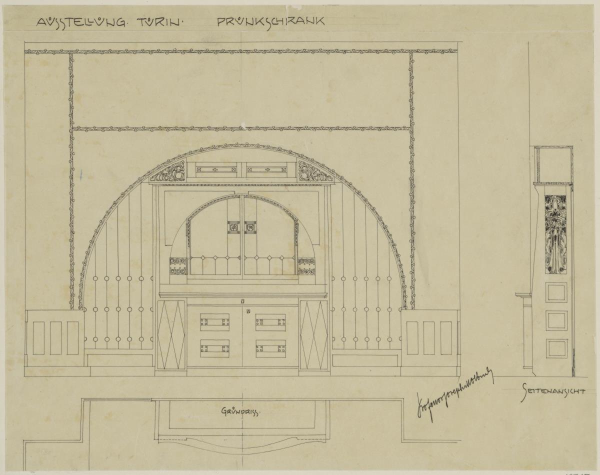 Ausstattung dreier Wohnräume für die internationale Ausstellung in Turin, Hesssisches Zimmer, Aufriss der Bogenwand mit dem Prunkschrank, Grundriss und Seitenansicht des Schrankes