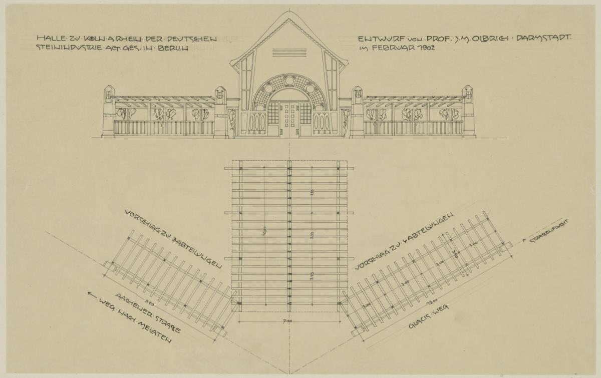 Köln, zwei Projekte einer Ausstellungshalle für die Deutsche Steinindustrie AG, Aufriss und Dachkonstruktion