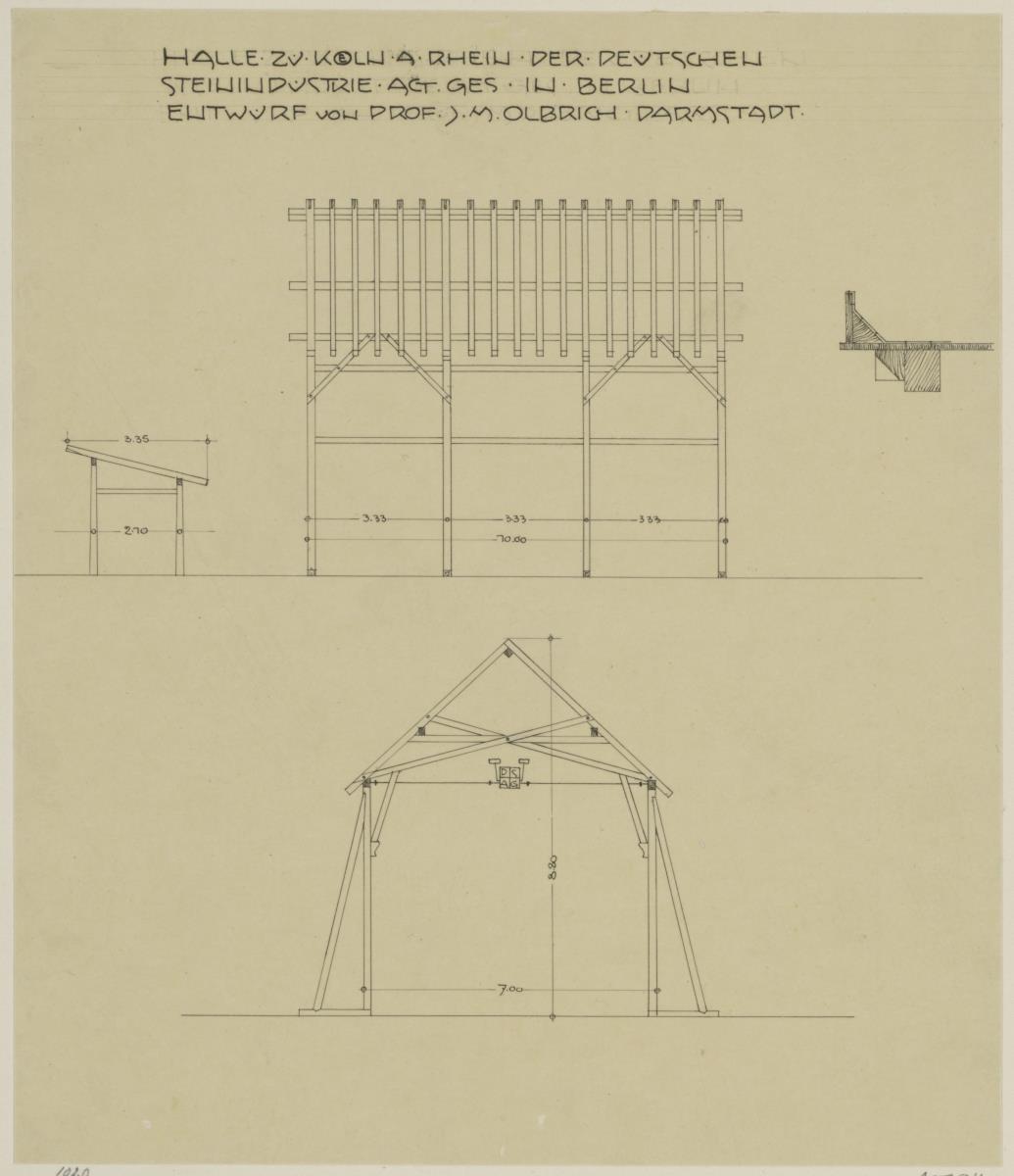 Köln, zwei Projekte einer Ausstellungshalle für die Deutsche Steinindustrie AG, drei Balkenkonstruktionen und ein Detail