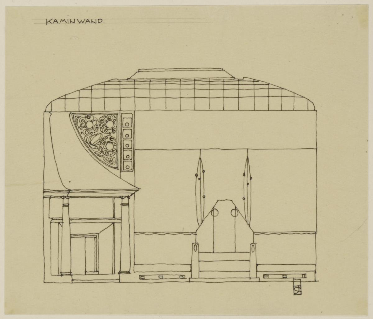 Darmstadt, Musiksaal im Neuen Palais, vorbereitende Skizze, Aufriss der Kaminwand