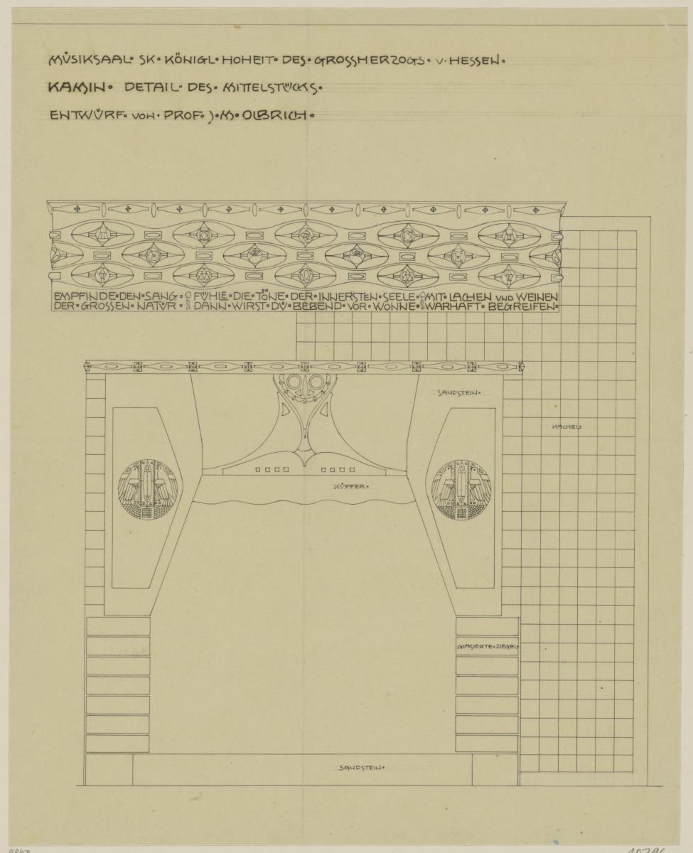 Darmstadt, Musiksaal im Neuen Palais, Kamin, Aufriss der Rückwand und des mittleren Gebälkstückes