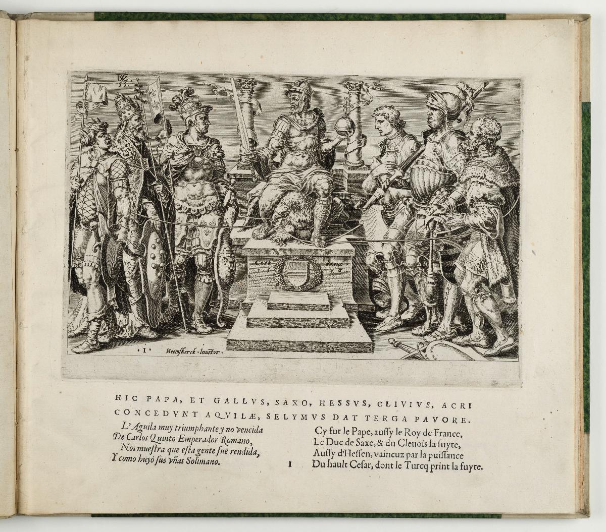 Kaiser Karl V. inmitten seiner besiegten Gegner, Tafel I, in: Divi Caroli V. imperatoris optimi maximi Victoriae ex multis pracipuve, Antwerpen: Hieronymus Cock, 1563