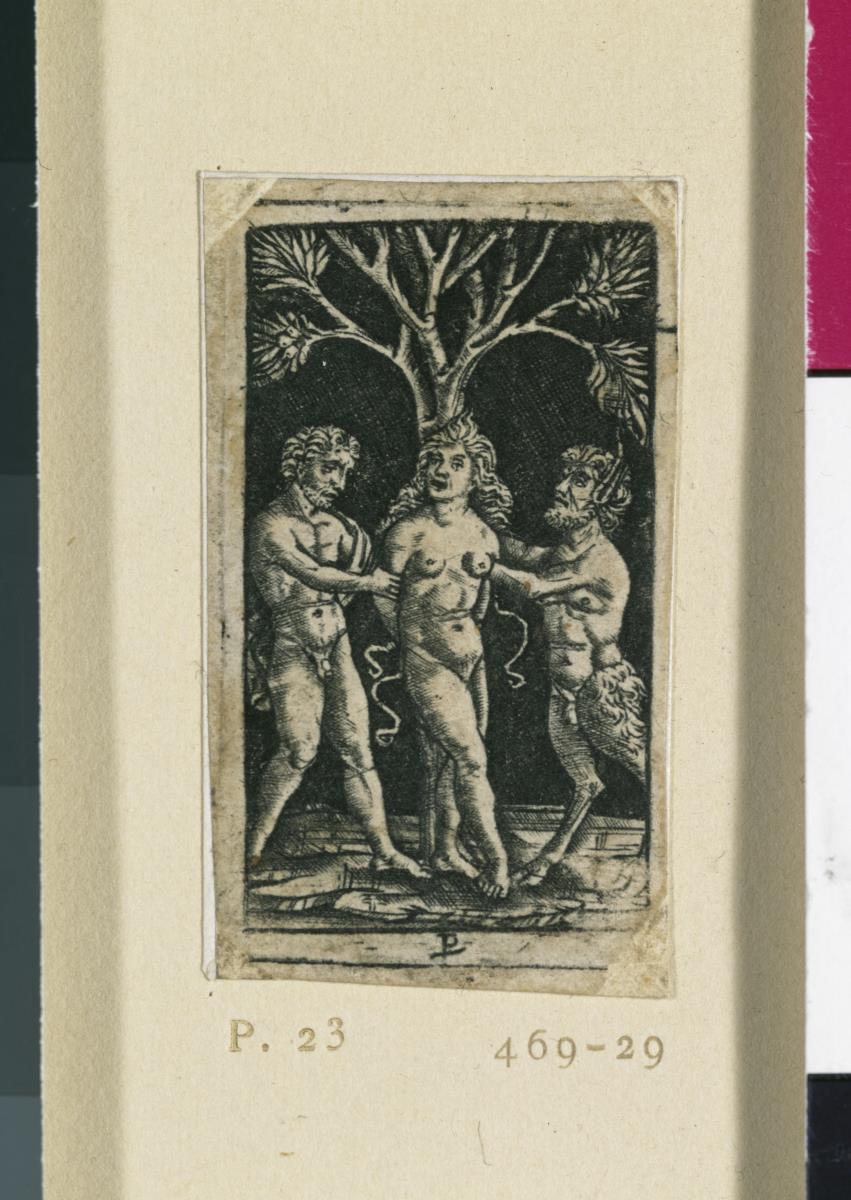 Nymphe an einen Baum gebunden von einem Satyr und einem Faun
