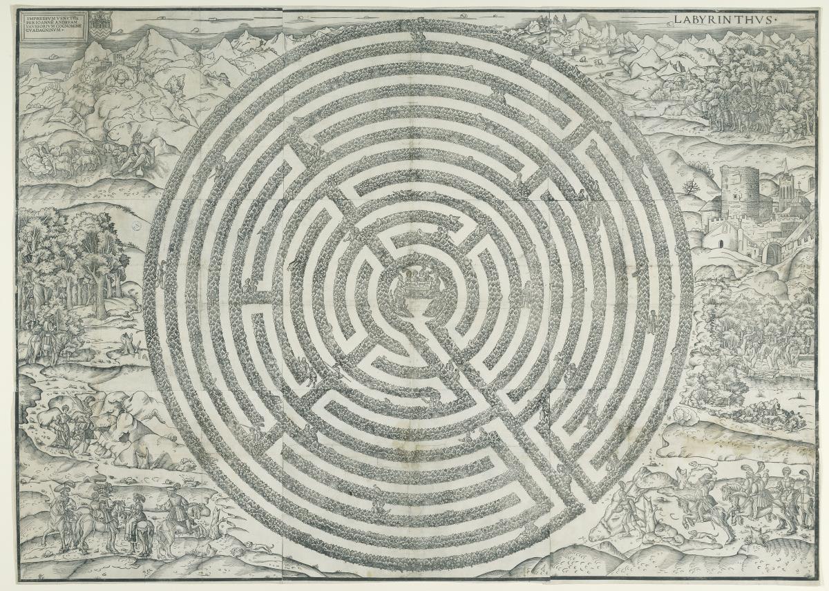 Labyrinthus - das große Liebesgarten-Labyrinth mit Reitern, einem lagernden Hirten und seiner Herde und der badenden Diana mit ihren Nymphen