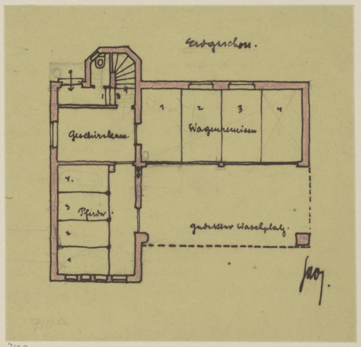 Darmstadt, Stallgebäude mit Kutscherwohnung für Julius Glückert, Skizzenblatt mit Grundriss