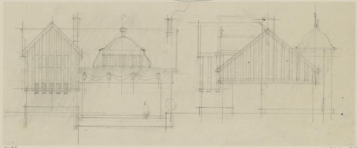 Darmstadt, Stallgebäude mit Kutscherwohnung für Julius Glückert, Skizzenblatt mit Aufrissen der Süd und Ostfassade