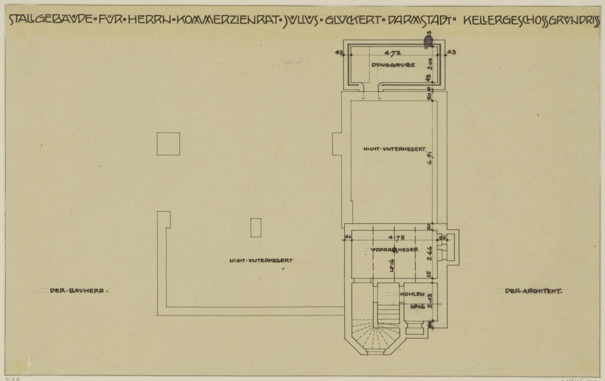 Darmstadt, Stallgebäude mit Kutscherwohnung für Julius Glückert, Grundriss des Kellergeschosses