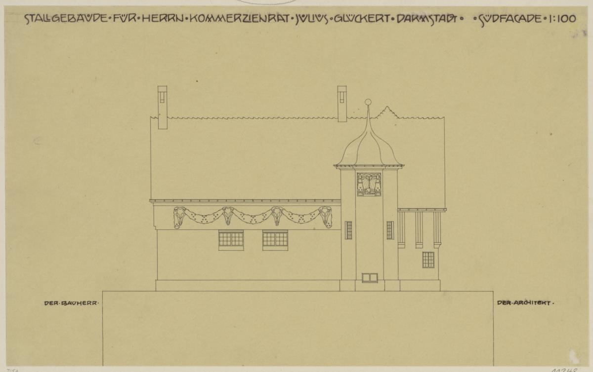 Darmstadt, Stallgebäude mit Kutscherwohnung für Julius Glückert, Aufriss der Südfassade