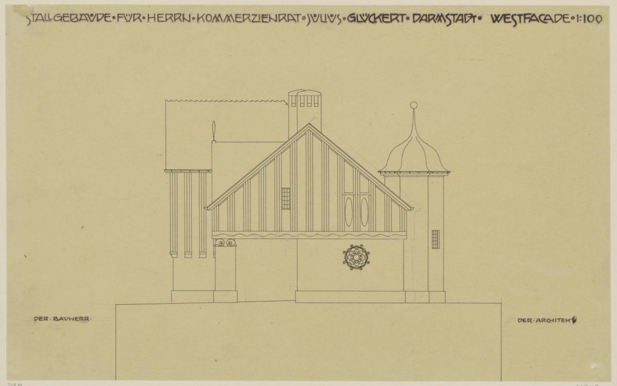 Darmstadt, Stallgebäude mit Kutscherwohnung für Julius Glückert, Aufriss der Westfassade