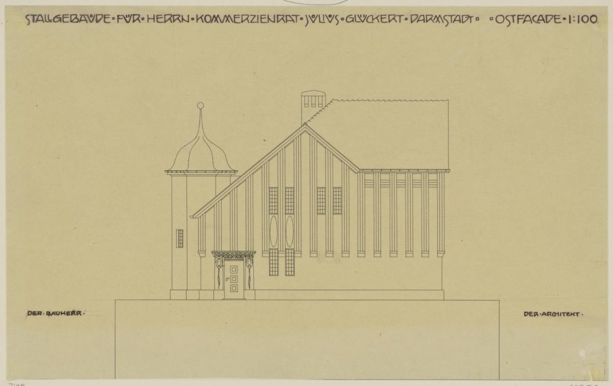 Darmstadt, Stallgebäude mit Kutscherwohnung für Julius Glückert, Aufriss der Ostfassade
