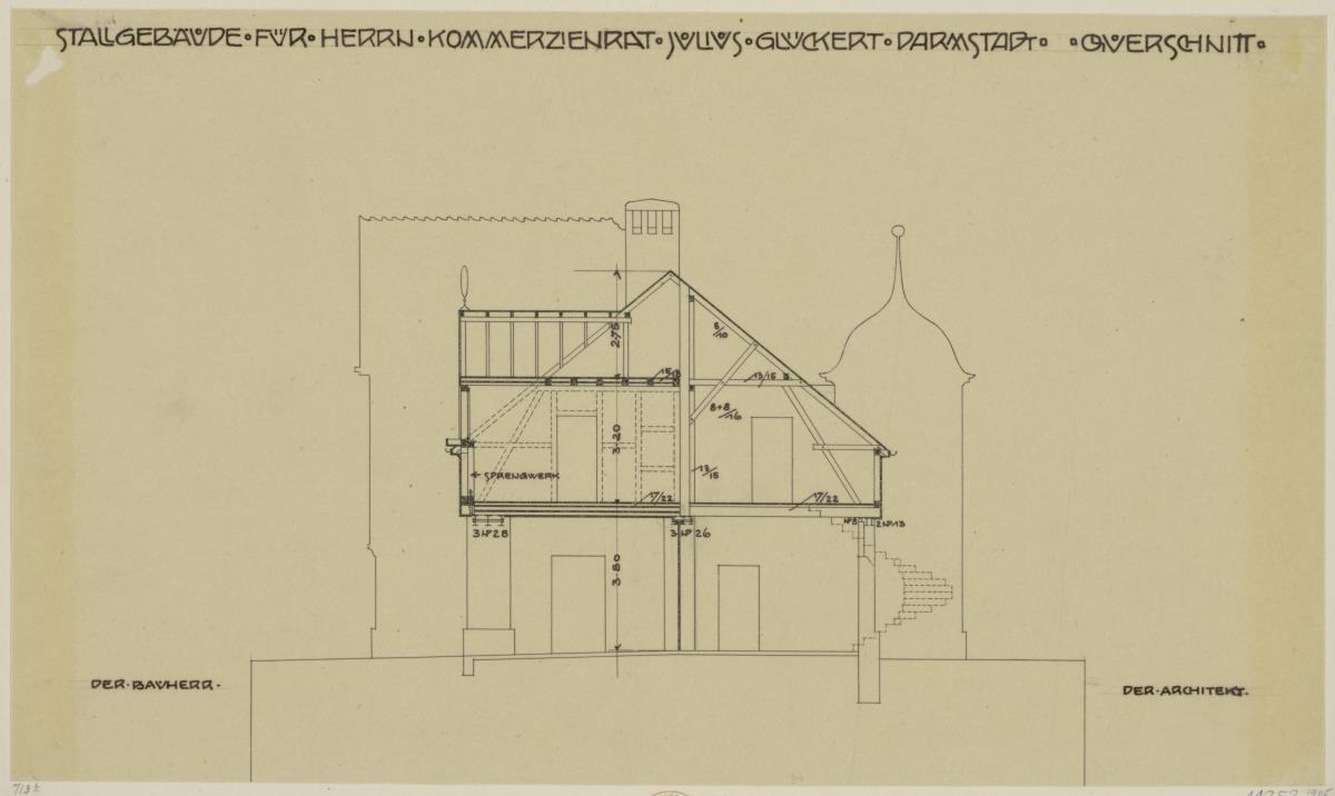 Darmstadt, Stallgebäude mit Kutscherwohnung für Julius Glückert, Querschnitt