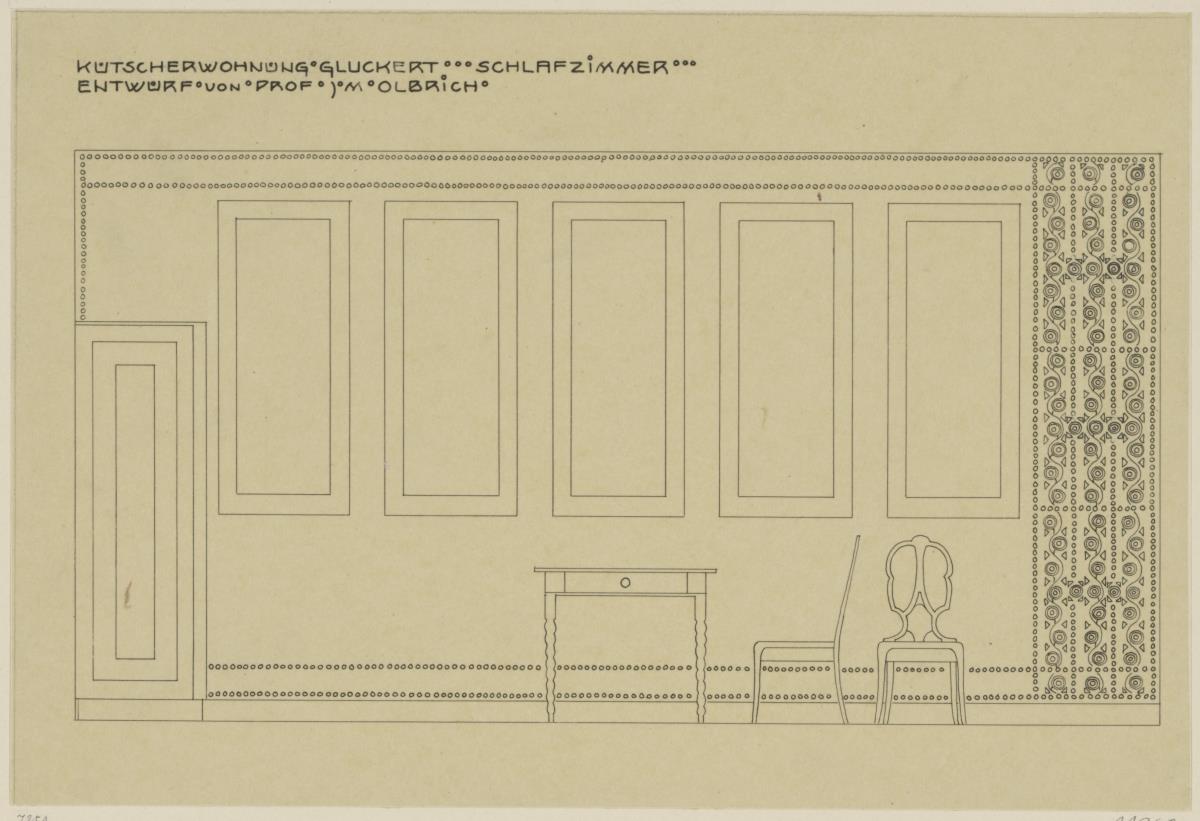 Darmstadt, Stallgebäude mit Kutscherwohnung für Julius Glückert, Schlafzimmer, Aufriss der Nordwand