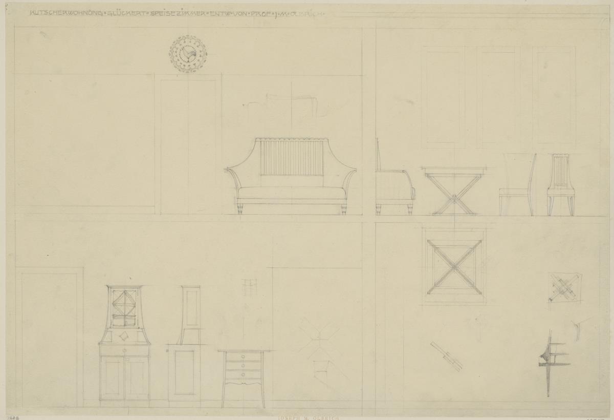 Darmstadt, Stallgebäude mit Kutscherwohnung für Julius Glückert, Speisezimmer, Skizzenblatt mit den vier Wandaufrissen und Möbelentwürfen