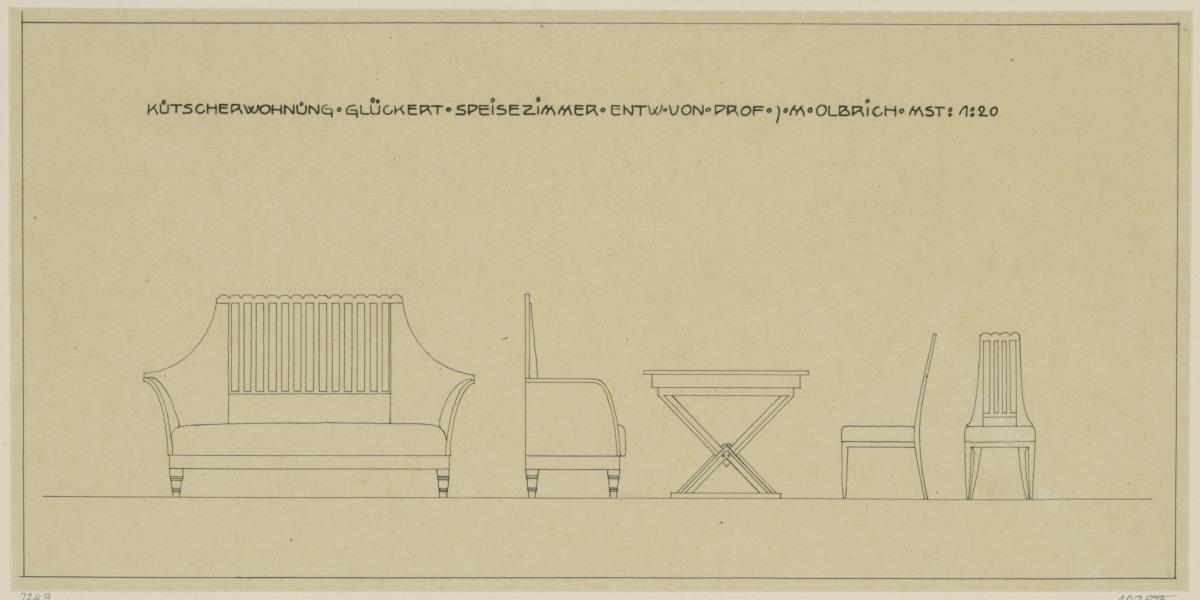 Darmstadt, Stallgebäude mit Kutscherwohnung für Julius Glückert, Speisezimmer, Aufrisse und Seitenansichten von Sofa und Stuhl sowie Aufriss des Tisches
