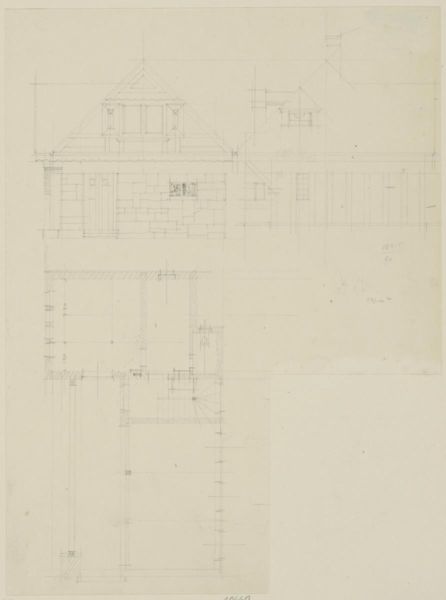 Darmstadt, Projekt Stallgebäude für Julius Glückert, erste Version, Aufrisse der Süd und Nordfassade sowie Grundriss