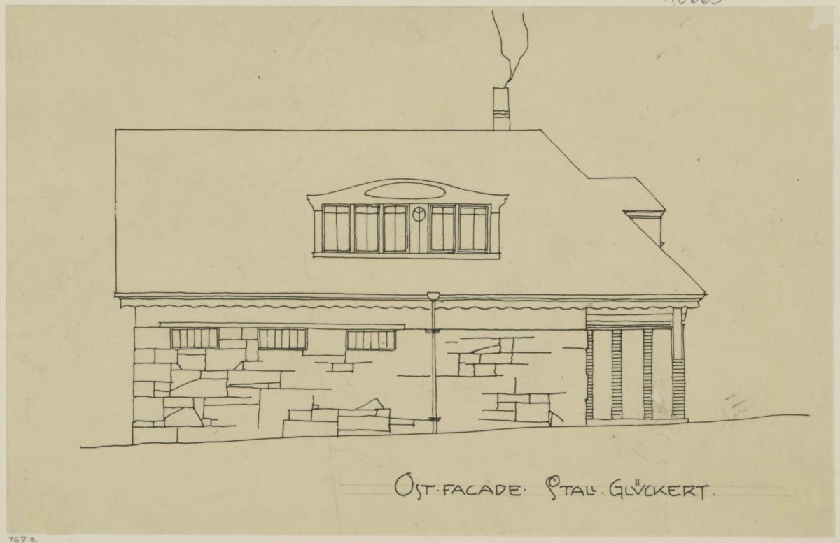 Darmstadt, Projekt Stallgebäude Julius Glückert, erste Version, Aufriss der Ostfassade