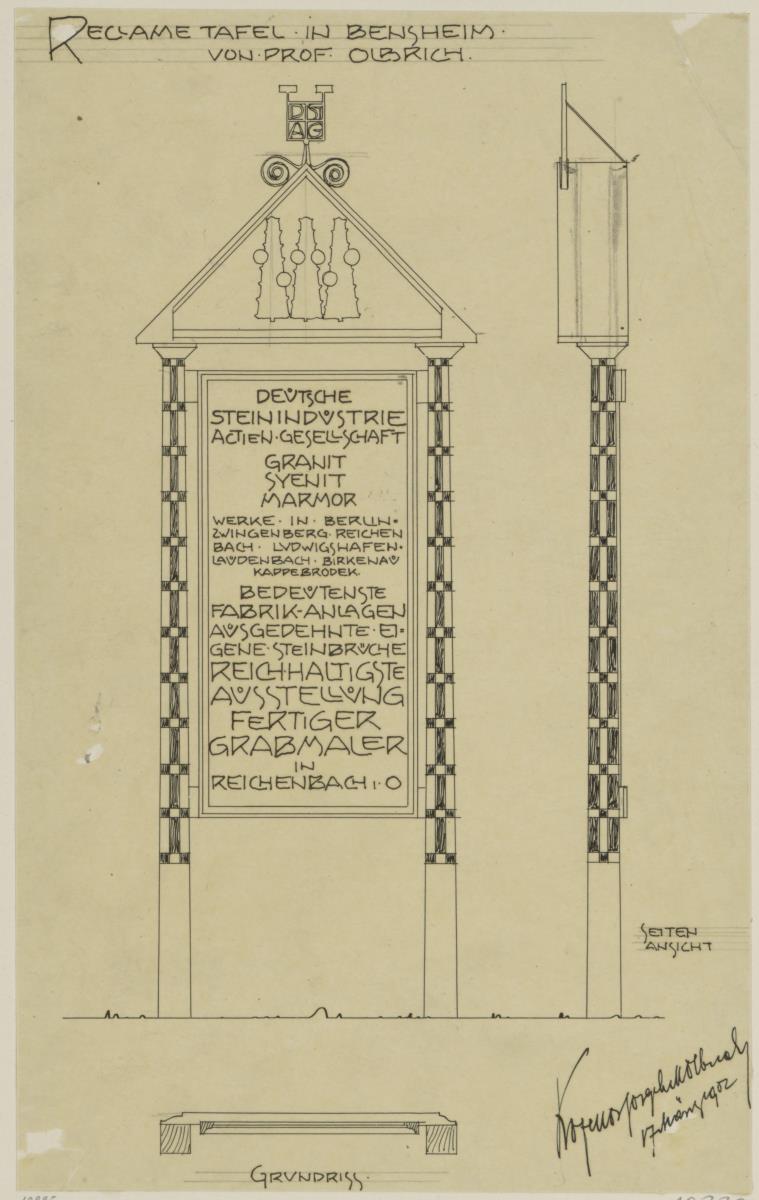 Bensheim, Reklametafel für die Deutsche Steinindustrie AG, Aufriss, Grundriss und Seitenansicht