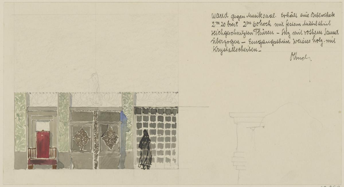 St. Louis, Sommersitz eines Kunstfreundes auf der internationalen Ausstellung, Bibliothek, Raum 24, Aufriss der Nordostwand, einige Details