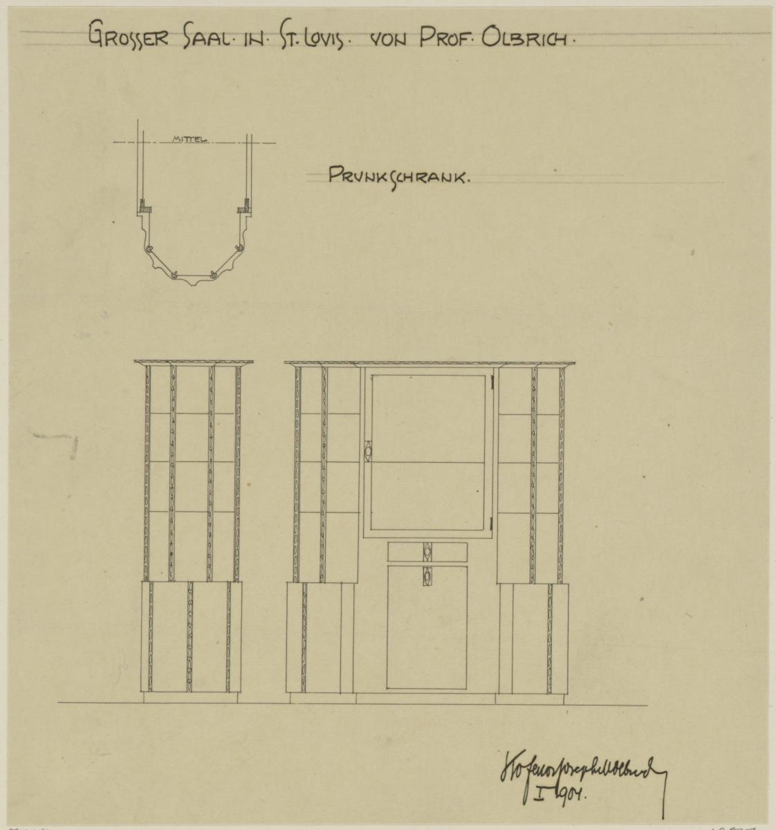 St. Louis, Sommersitz eines Kunstfreundes auf der internationalen Ausstellung, Bibliothek, Raum 24, Aufriss, Seitenansicht und Schnitt des Schrankes