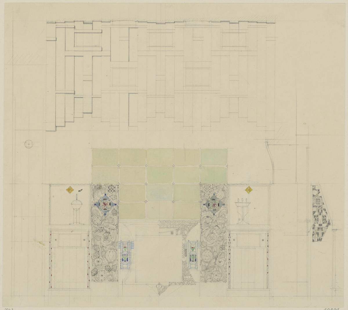St. Louis, Sommersitz eines Kunstfreundes auf der internationalen Ausstellung, Speisezimmer, Raum 25,, Aufriss der Nordostwand