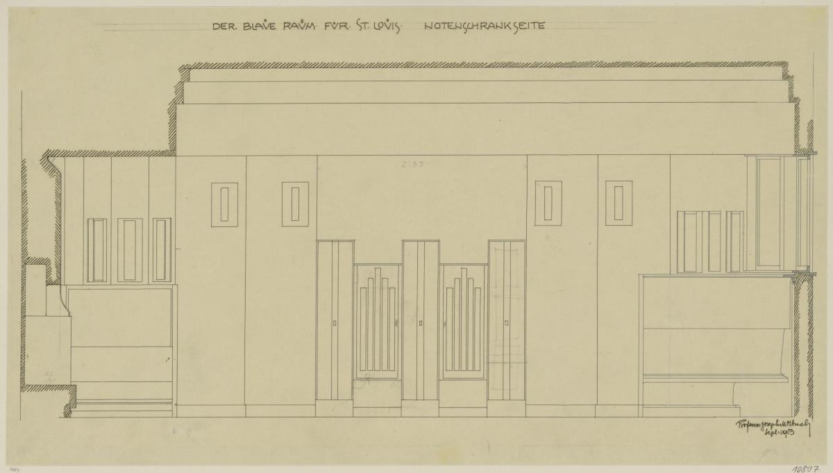 St. Louis, Sommersitz eines Kunstfreundes auf der internationalen Ausstellung, Musikzimmer, Raum 26, Aufriss der Nordwestwand