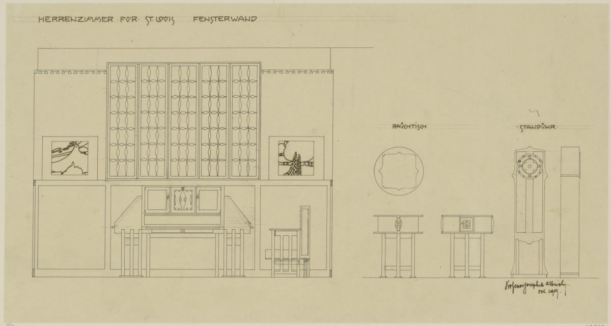 St. Louis, Sommersitz eines Kunstfreundes auf der internationalen Ausstellung, Herrenzimmer, Raum 27, Aufriss der Nordostwand, Aufrisse der Standuhr sowie Aufrisse und Grundriss des Rauchtisches