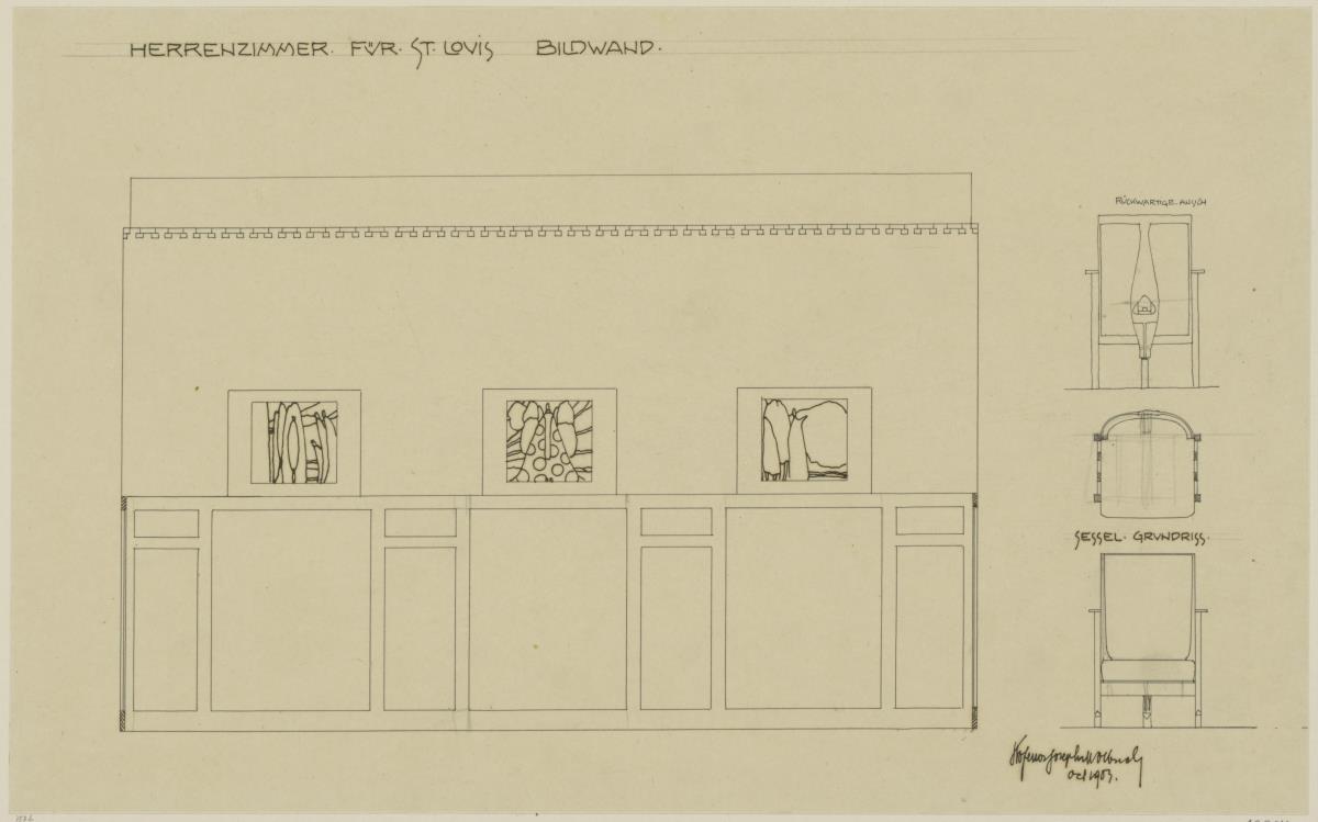 St. Louis, Sommersitz eines Kunstfreundes auf der internationalen Ausstellung, Herrenzimmer, Raum 27, Aufriss der Südostwand sowie Aufrisse und Grundriss des Sessels