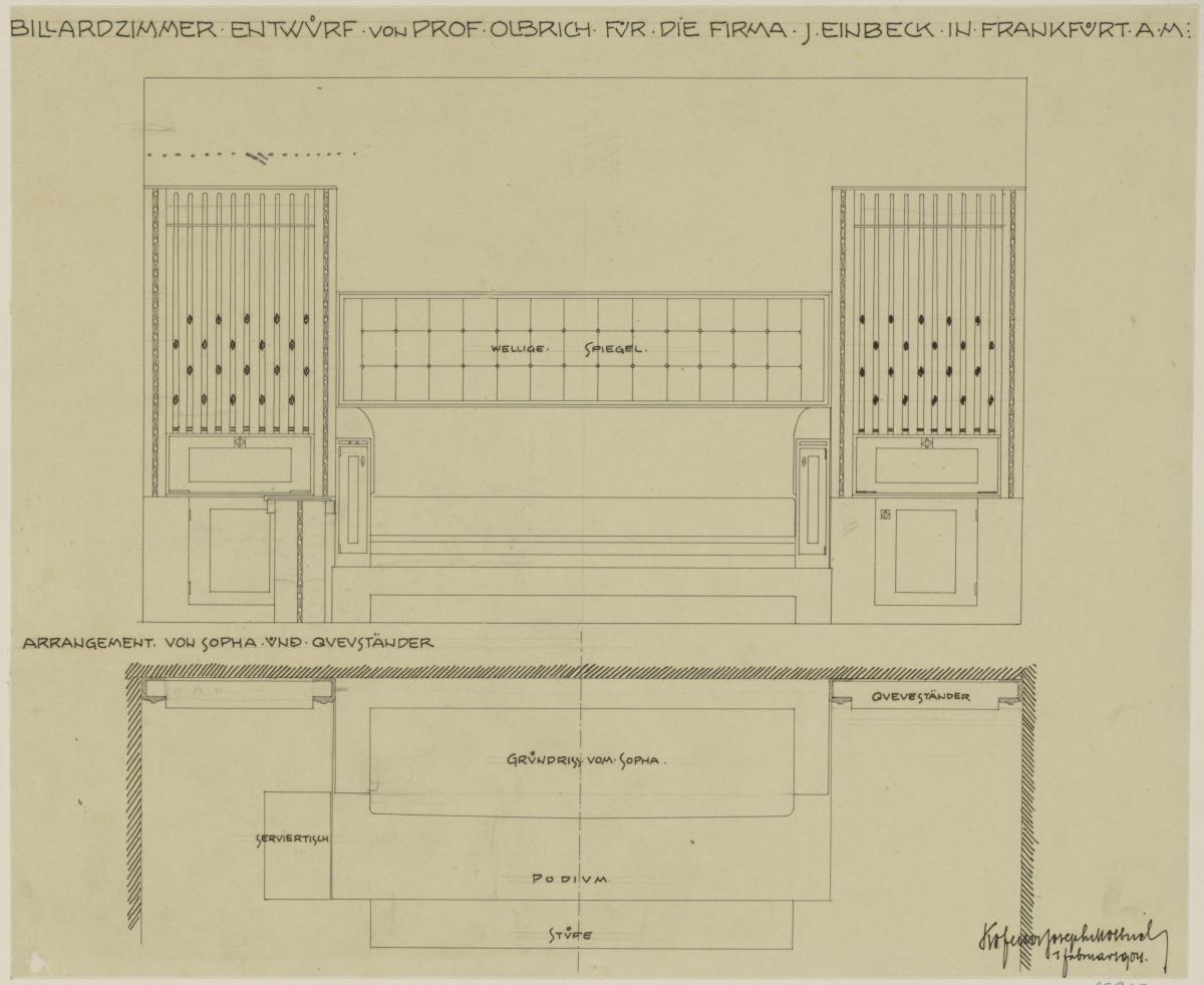 Darmstadt, Dreihäusergruppe, Eckhaus, erstes Obergeschoss, Billardzimmer, Raum 9, Aufriss und Grundriss von Sofa und Queueständer