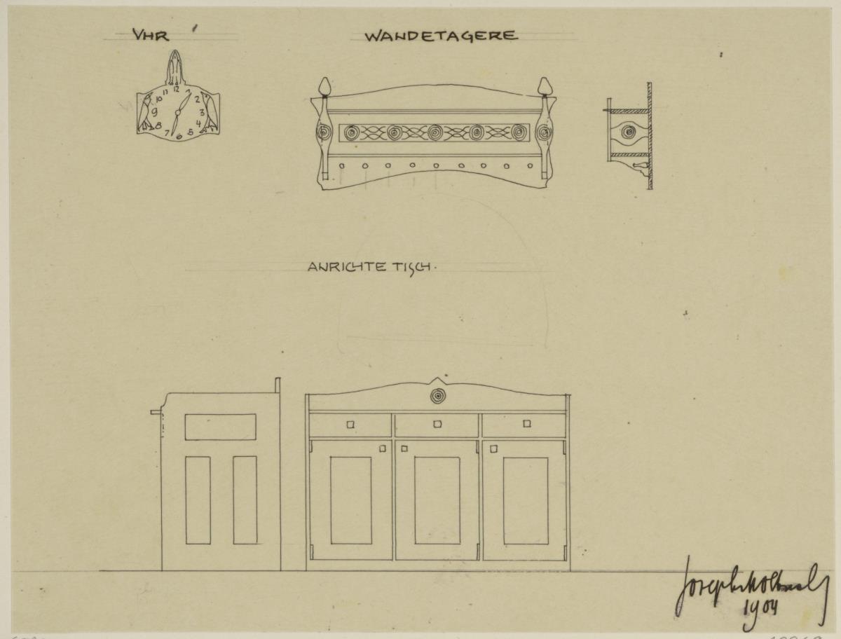 Darmstadt, Dreihäusergruppe, Eckhaus, Kellergeschoss, Küche, Aufrisse und Seitenansichten von Wandbord und Anrichte sowie Aufriss der Uhr