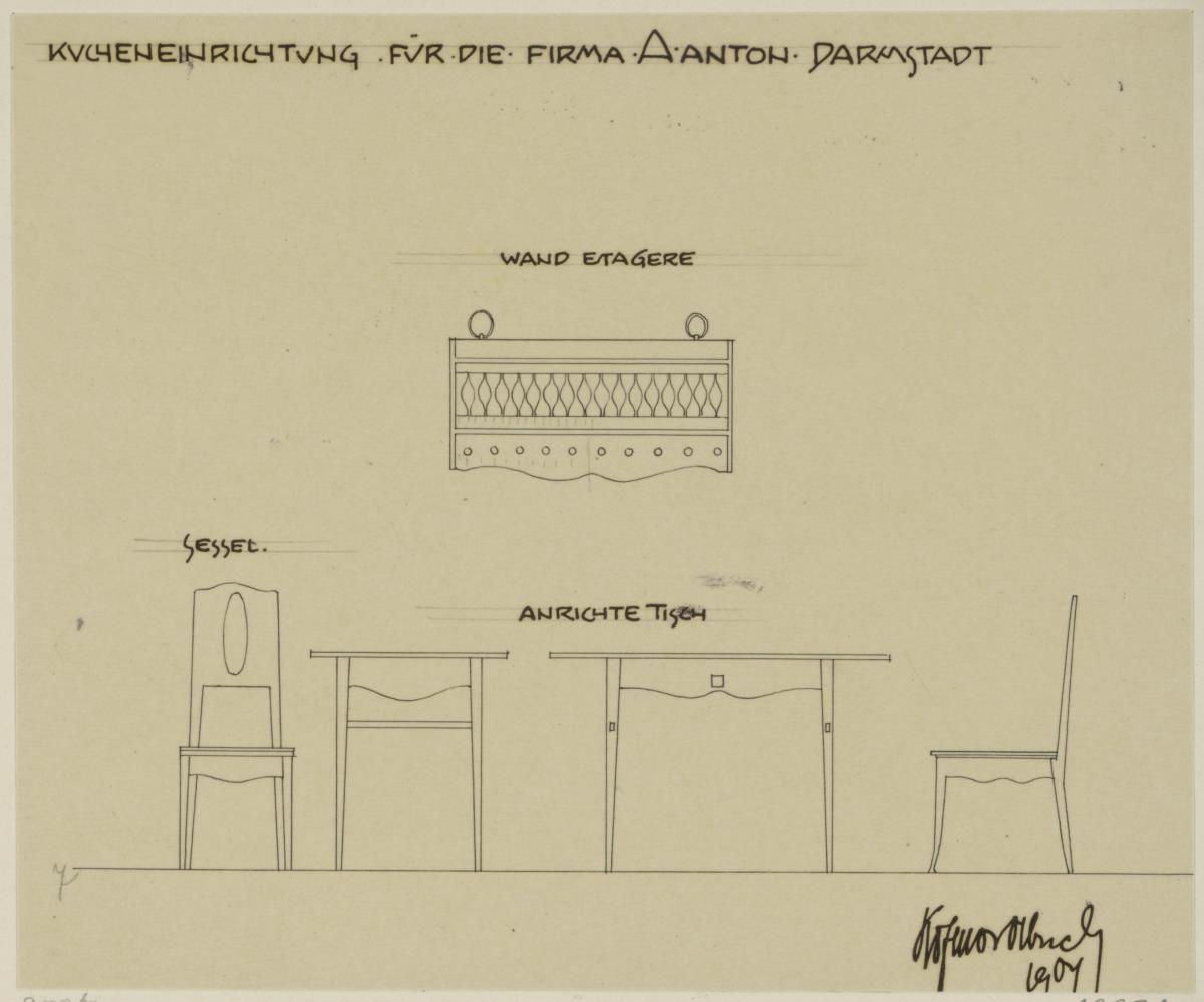 Darmstadt, Dreihäusergruppe, Eckhaus, Kellergeschoss, Küche, Aufrisse und Seitenansichten von Anrichtetisch und Stuhl sowie Aufriss eines weiteren Wandbordes