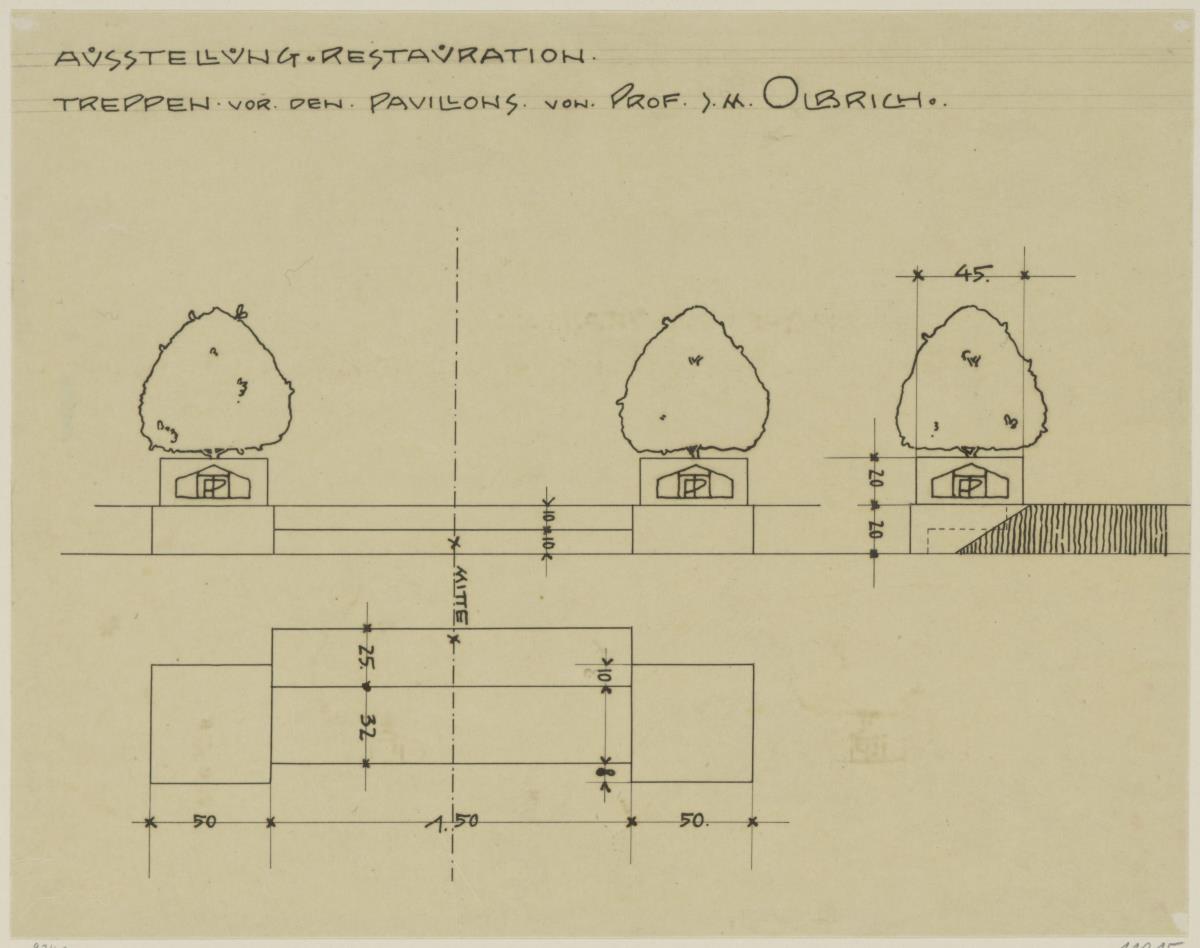 Darmstadt, provisorisches Restaurant für die Künstlerkolonie Ausstellung, Treppen vor den Pavillons, zwei Aufrisse und Grundriss
