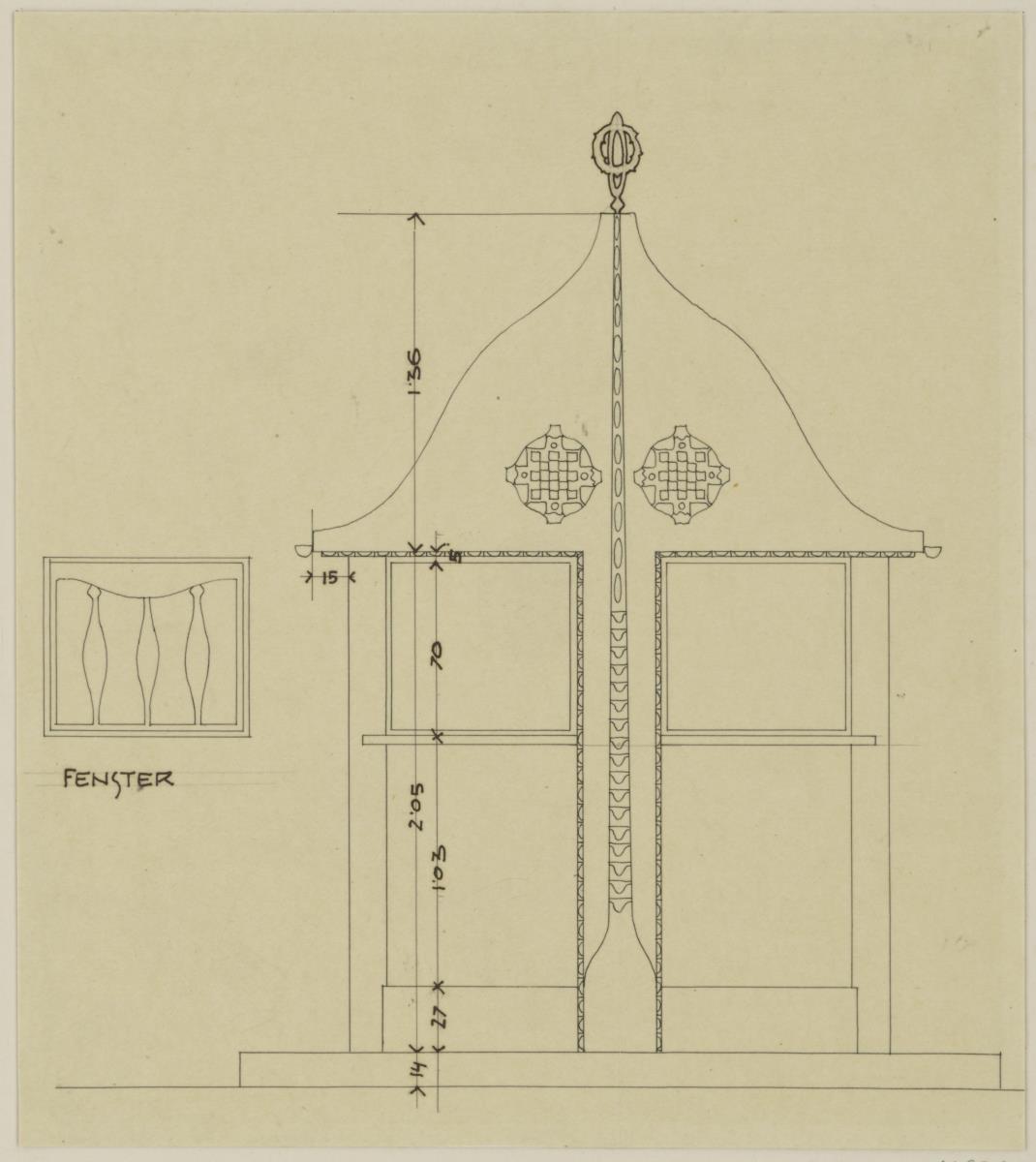 Darmstadt, provisorische Kartenpavillons und Zaun für die Künstlerkolonie Ausstellung, Postkarten Pavillon, Aufrisse der Hauptfassade und eines Fensters