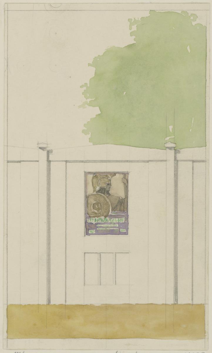 Darmstadt, provisorische Kartenpavillons und Zaun für die Künstlerkolonie Ausstellung, Ausstellungszaun mit dem von V. J. Cissarz entworfenen Plakat