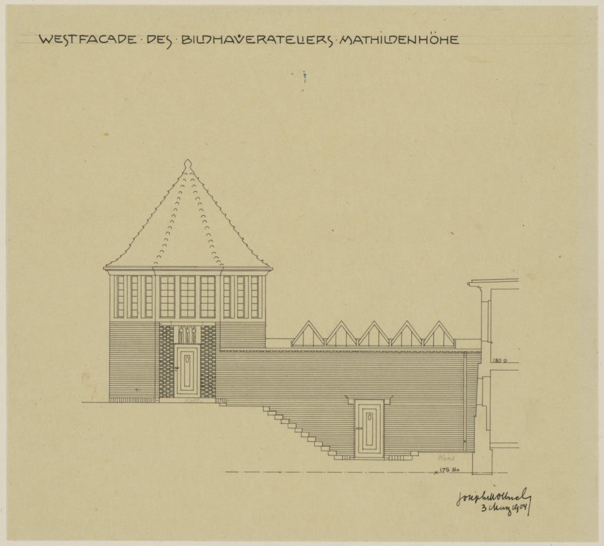 Darmstadt, Bildhaueratelier am Ernst Ludwig Haus, Aufriss der Westfassade