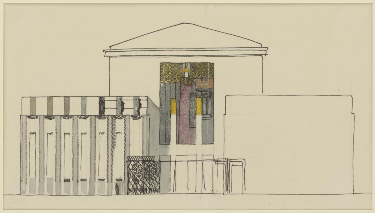 Köln, Projekt Deutsche Kunstausstellung, Kunstausstellungsgebäude, Skizzenblatt mit Aufriss der Hauptfassade