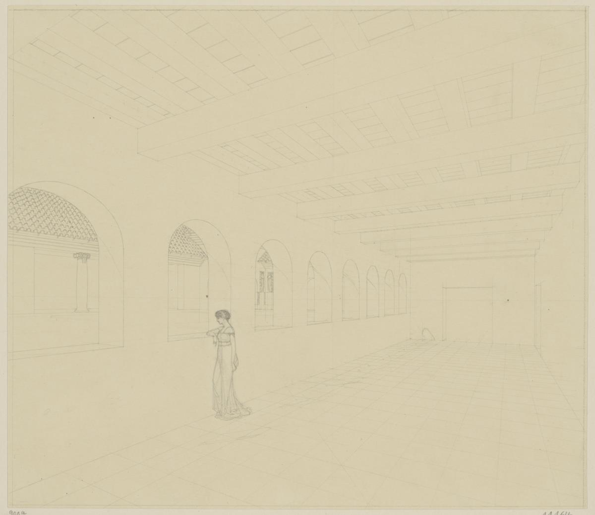 Köln, Frauenrosenhof der Deutschen Kunstausstellung, Vorentwurf, Perspektive des Wandelganges von Süden