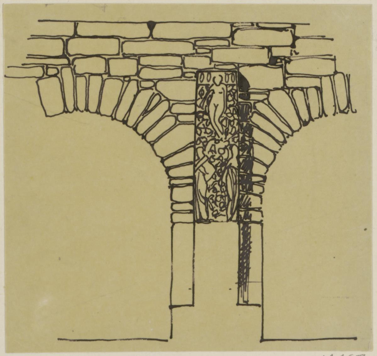 Köln, Frauenrosenhof der Deutschen Kunstausstellung, Vorentwurf, Skizzenblatt mit Entwurf zum Skulpturenschmuck der Hoffassade des 'Wandelganges