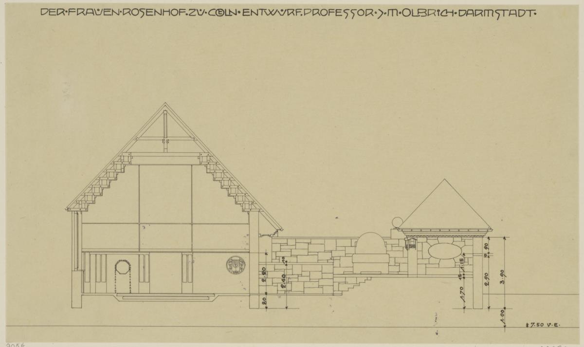 Köln, Frauenrosenhof der Deutschen Kunstausstellung, Aufriss der Südwestfassade des Hofes und Schnitt durch die Halle