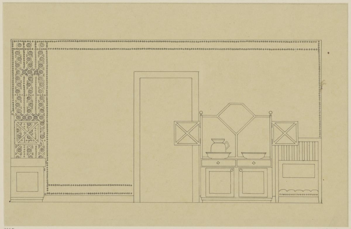 Darmstadt, Stallgebäude mit Kutscherwohnung für Julius Glückert, Schlafzimmer, Aufriss der Südwand
