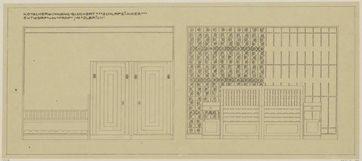 Darmstadt, Stallgebäude mit Kutscherwohnung für Julius Glückert, Schlafzimmer, Aufrisse der West- und Ostwand