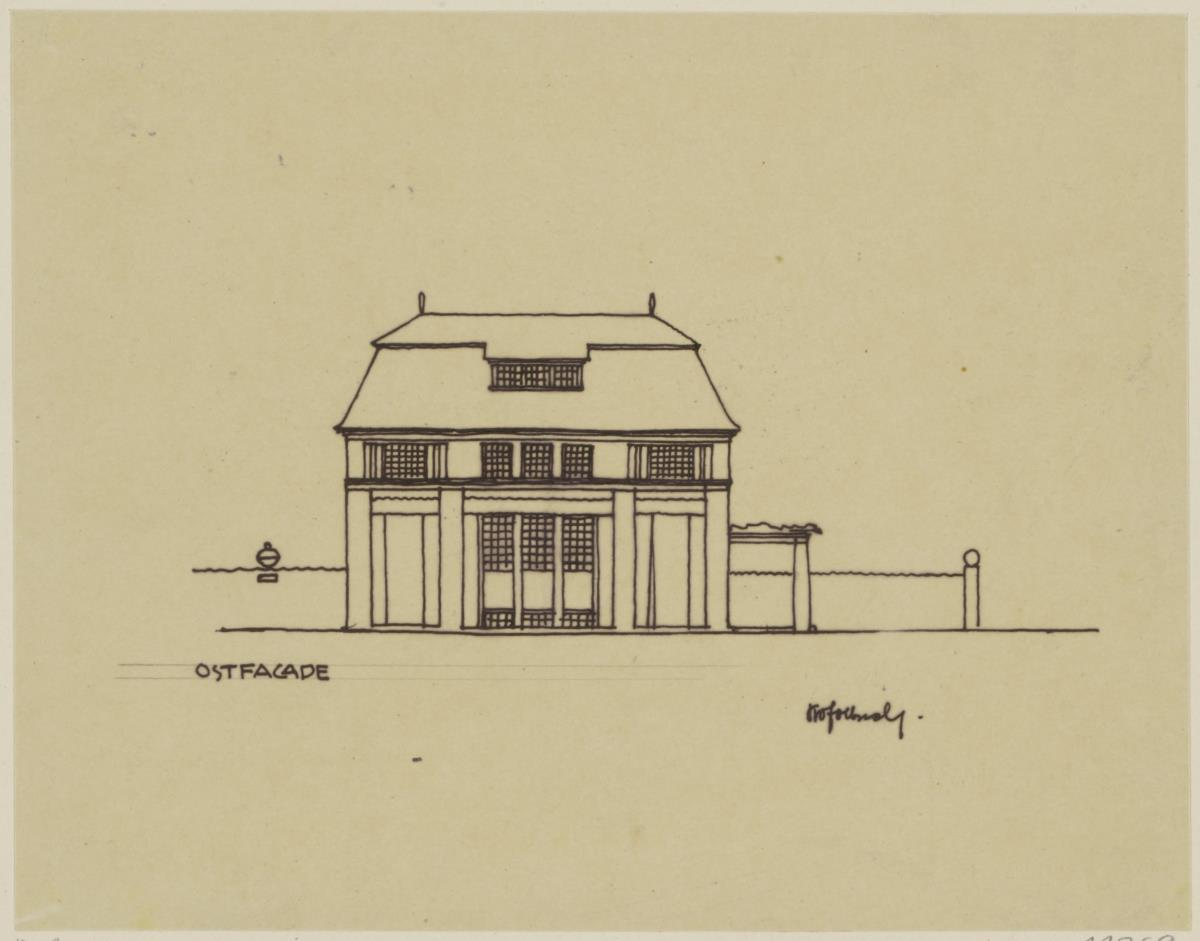 Darmstadt, Projekt Doppelhaus Cabinet, erste Version, Skizzenblatt mit Aufriss der Ostfassade