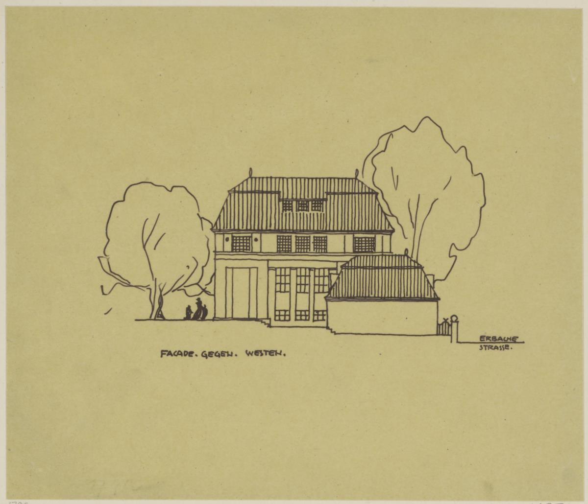 Darmstadt, Projekt Doppelhaus Cabinet, erste Version, Skizzenblatt mit Aufriss der Westfassade