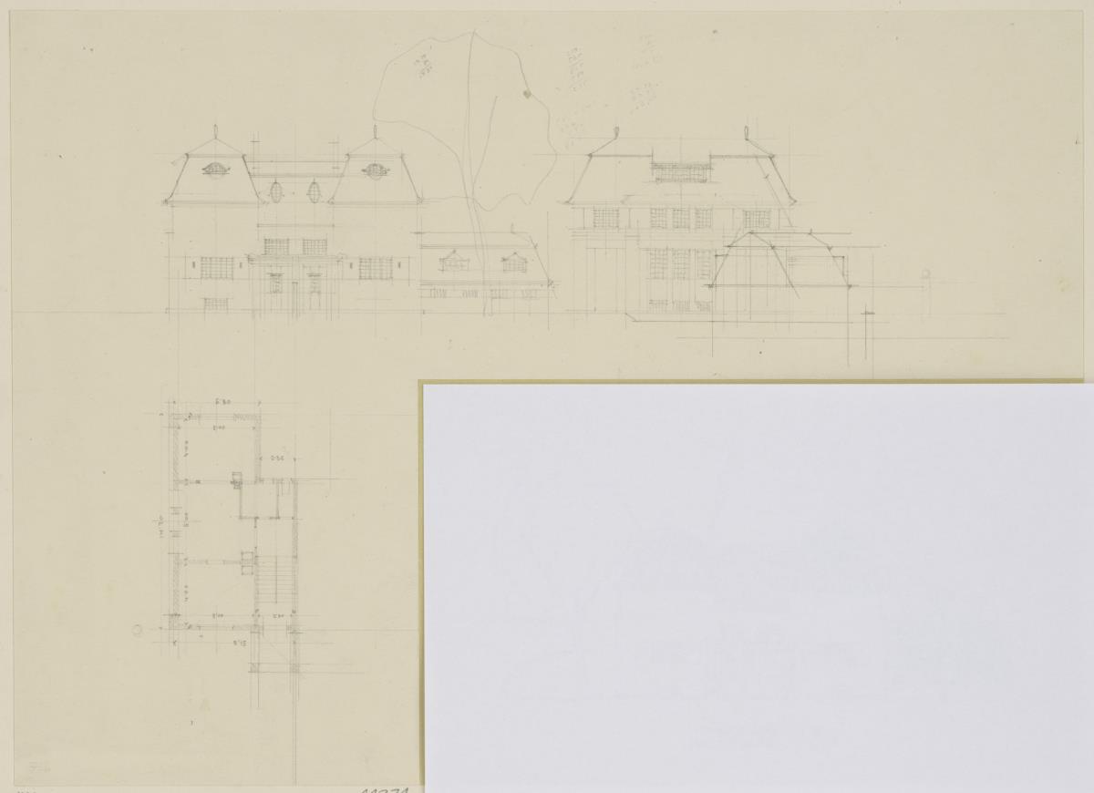 Darmstadt, Projekt Doppelhaus Cabinet, erste Version, Skizzenblatt mit Aufrissen der Nord und Westfassade sowie Grundriss
