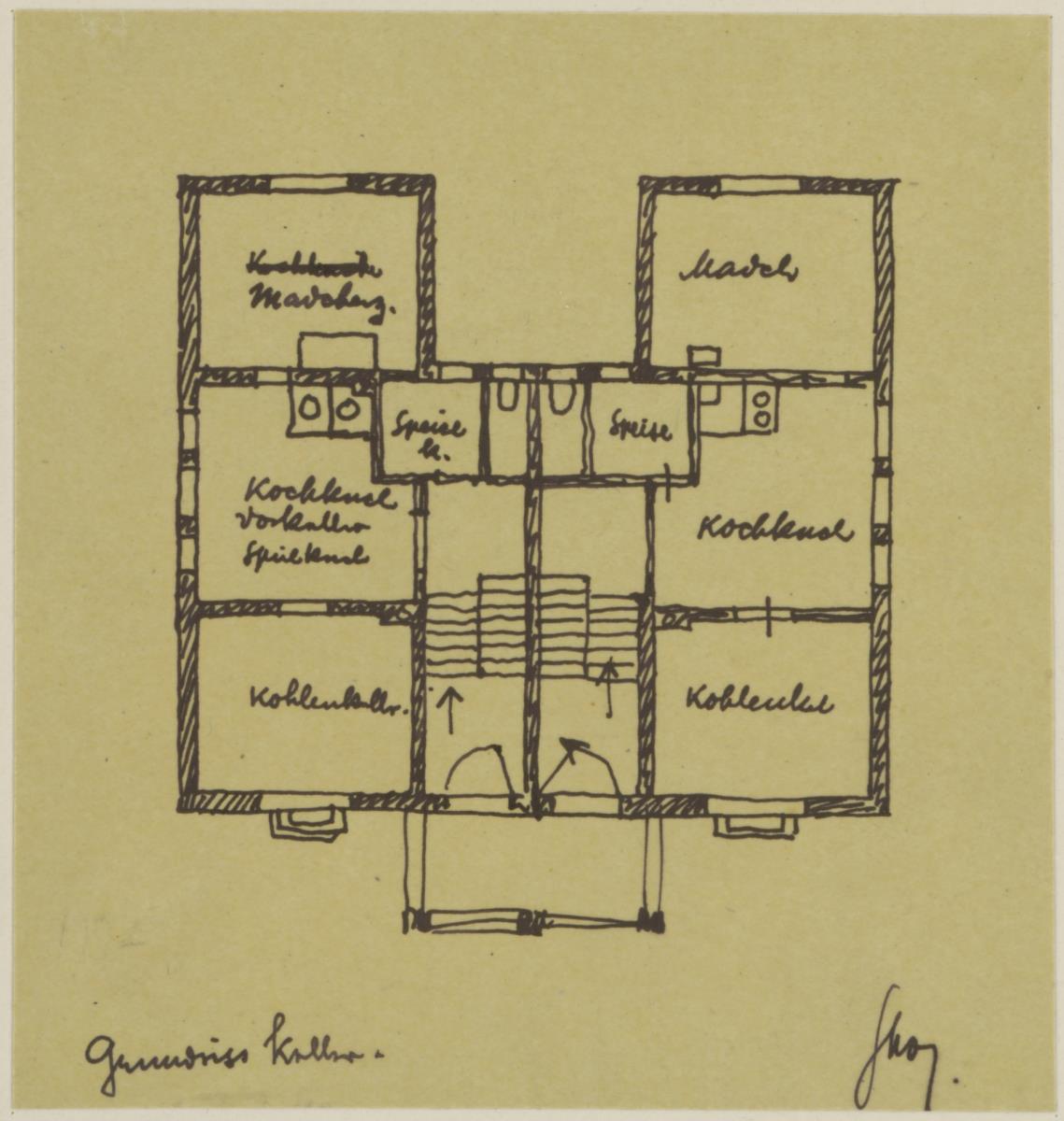 Darmstadt, Projekt Doppelhaus Cabinet, zweite Version, Skizzenblatt mit Grundriss des Kellergeschosses